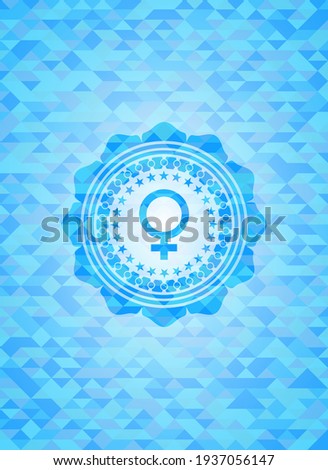 female icon inside realistic light blue emblem. Mosaic background. 