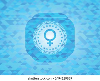 female icon inside realistic sky blue emblem. Mosaic background