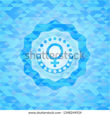 female icon inside realistic sky blue emblem. Mosaic background