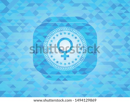 female icon inside realistic sky blue emblem. Mosaic background