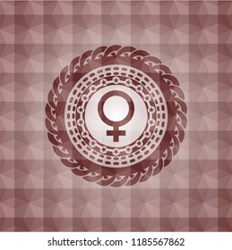 female icon inside red emblem or badge with abstract geometric polygonal pattern background. Seamless.
