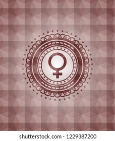 female icon inside red emblem or badge with geometric pattern background. Seamless.