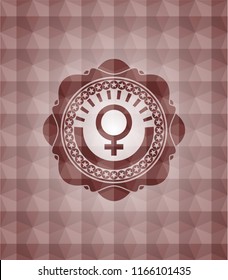 female icon inside red geometric pattern emblem. Seamless.