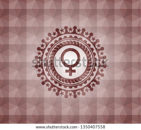 female icon inside red geometric pattern emblem. Seamless.