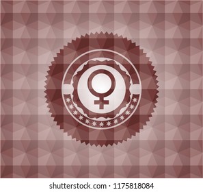 female icon inside red seamless emblem with geometric pattern.
