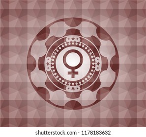 female icon inside red seamless emblem or badge with geometric pattern background.