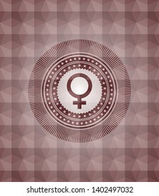 female icon inside red seamless emblem or badge with geometric pattern background.