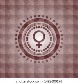 female icon inside red seamless badge with geometric background.