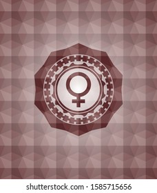 female icon inside red seamless emblem with geometric background.