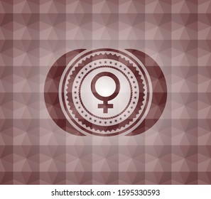 female icon inside red seamless emblem or badge with geometric pattern background.