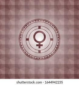icono hembra dentro del emblema rojo transparente con fondo geométrico.