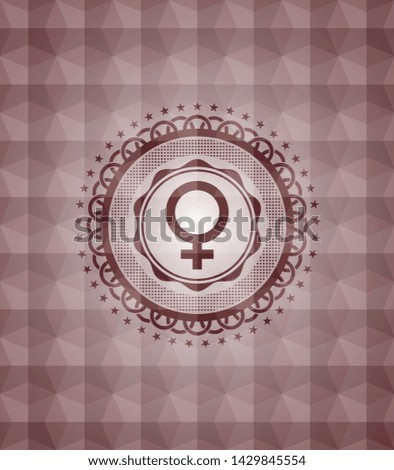 female icon inside red seamless geometric emblem.