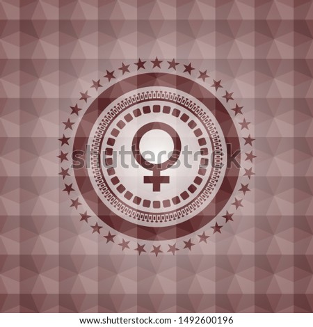 female icon inside red seamless badge with geometric background.