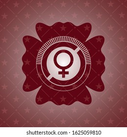 female icon inside retro red emblem