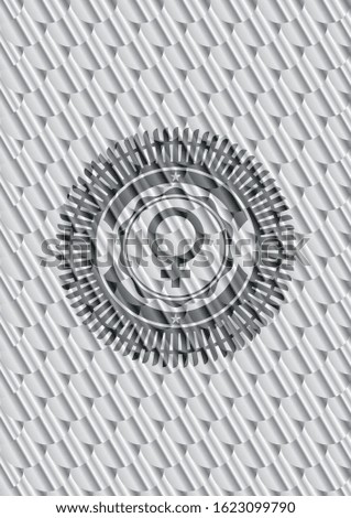 female icon inside shiny silver emblem. Scales pattern. Vector Illustration. Detailed.