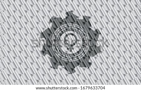 female icon inside shiny silver emblem. Scales pattern. Vector Illustration. Detailed.