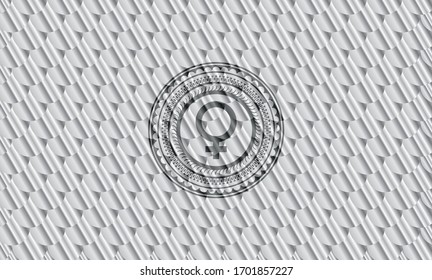 female icon inside silver color badge or emblem. Scales pattern. Vector Illustration. Detailed.