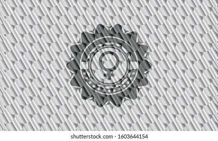 female icon inside silver shiny emblem. Scales pattern. Vector Illustration. Detailed.