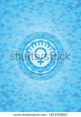 female icon inside sky blue emblem with mosaic background
