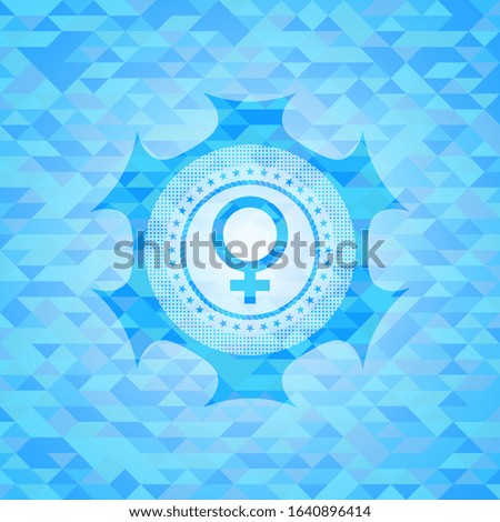 female icon inside sky blue mosaic emblem