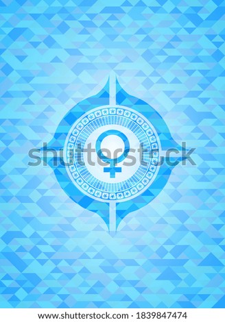 female icon inside sky blue emblem. Mosaic background. 