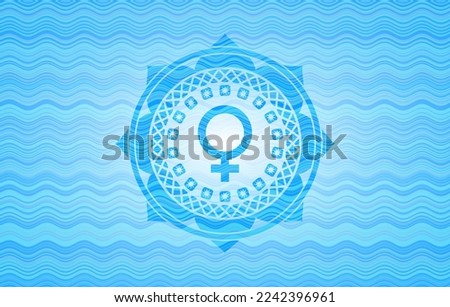 female icon inside water wave badge background. 