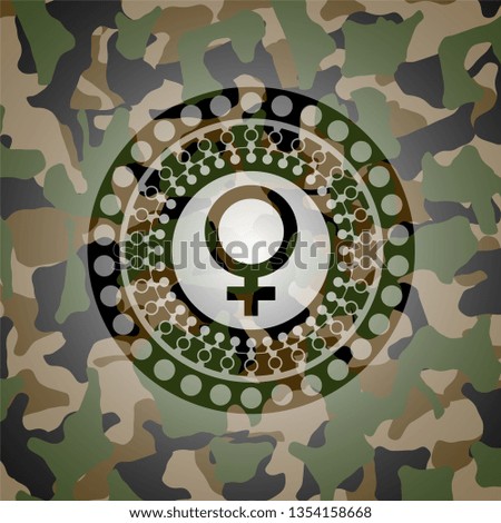 female icon on camo pattern