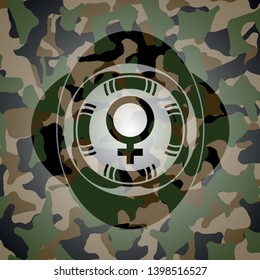 female icon on camouflaged pattern
