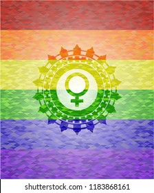 female icon on mosaic background with the colors of the LGBT flag