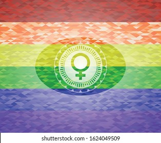 female icon on mosaic background with the colors of the LGBT flag