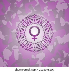 Female Icon On Pink And Purple Camo Texture. 