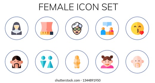 female icon set. 10 flat female icons.  Collection Of - nun, avatar, waist, toilet, facial mask, venus, interview, girl, kiss