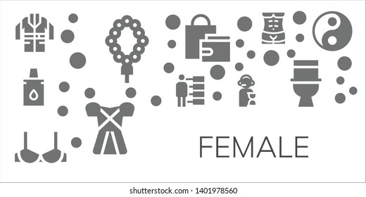 female icon set. 11 filled female icons.  Simple modern icons about  - Jacket, Necklace, Eyedropper, People, Brassiere, Operator, Shopping bag, Dress, Human body, Toilet, Yin yang