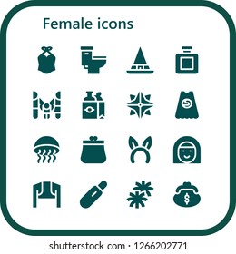  female icon set. 16 filled female icons. Simple modern icons about  - Swimsuit, Toilet, Witch, Fragance, Family, Shopping bag, Makibishi, Superhero, Medusa, Purse, Headband, Avatar