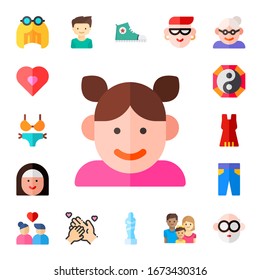 female icon set. 17 flat female icons. Included wig, pregnancy, bikini, girl, avatar, yin yang, dress, trousers, couple, boy, maternity, shoe, venus de milo, family, grandmother icons