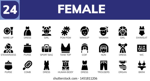 female icon set. 24 filled female icons.  Collection Of - Make up, Dress, Girl, Pom pom, Makeup, Woman, Swimsuit, Stewardess, Purse, Sport bag, Tank top, Coif, Nun, Wc, Comb, Human body