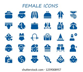  female icon set. 30 filled female icons. Simple modern icons about  - Purse, Avatar, Wig, Pijama, Organ, Underwear, Wc, Shopping bag, Girl, Swimsuit, Lesson, Sport bag, Witch