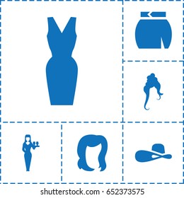 Female icon. set of 6 female filled icons such as woman hairstyle, hairstyle, casino girl, skirt, dress
