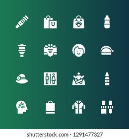 female icon set. Collection of 16 filled female icons included Dropper, Lab coat, Shopping bag, Head, Yoga, Toilet, Pamela, Purse, Dancer, Dress, Cologne, Pregnancy test