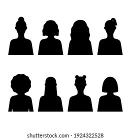 Female icon set Monochrome vector illustration in flat design Many silhouettes of women in black color with different hairstyles isolated on white background 