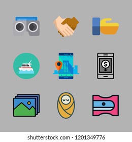 female icon set. vector set about yacht, baby, hand shake and gallery icons set.