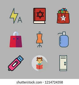 female icon set. vector set about shopping bag, computer, mannequin and liquid soap icons set.