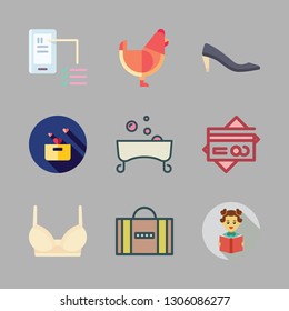 female icon set. vector set about donation, student, phone and bathtub icons set.