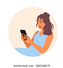 Female icon, for social networks. Avatar is a European girl. A woman with a phone in her hands, enthusiastically looks at the screen. Flat vector graphics