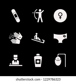 female icon. female vector icons set sun oil, patch medicine, man riding sleigh and archer