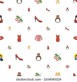 female icons pattern seamless. Included editable flat woman shoes, blouse, pyjamas, Hairdressing salon, dress, handmade Jewelry, kiss, successful woman icons. female icons for web and mobile.