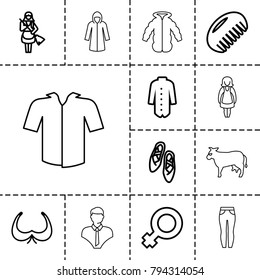 Female icons. set of 13 editable outline female icons such as comb, bra, maid, jacket, woman symbol, ballet shoes, cow, overcoat, woman pants