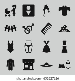 Female icons set. set of 16 female filled icons such as beauty salon, woman hairstyle, woman in spa, comb, nail polish, male wc, blouse, dress, jacket, male and female