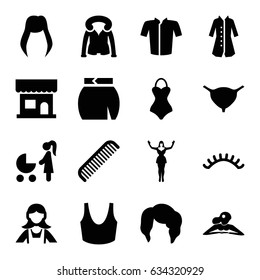 Female icons set. set of 16 female filled icons such as woman hairstyle, comb, beauty salon, woman in spa, eyelashes, maid, sport bra, jacket, skirt, overcoat, bladder
