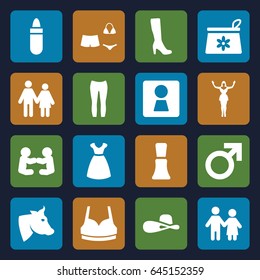 Female icons set. set of 16 female filled icons such as cow, woman wc, male, lipstick, make up bag, woman boot, nail polish, dress, sport bra, swimsuit, couple